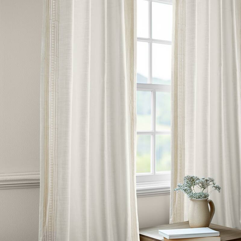 Exclusive Fabrics Bordered Textured Cotton Curtains For Bedroom & Living Room Curtains - Single Panel Drapes - 50 X 84 - Stony Moasic White