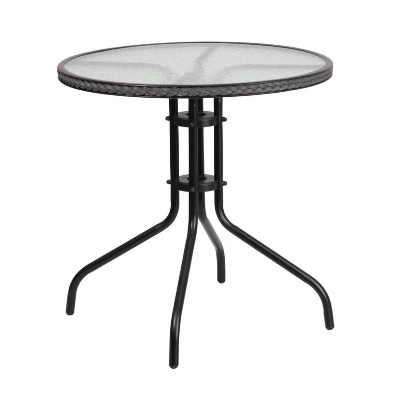 28'' Round Glass Metal Table with Rattan Edging and 4 Rattan Stack Chairs