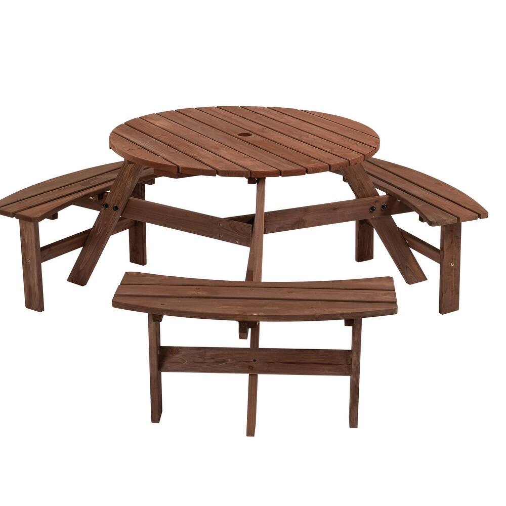 6 Person Circular Outdoor Wooden Picnic Table for Patio Backyard Garden DIY with 3 Built-in Benches 1720 lb Capacity