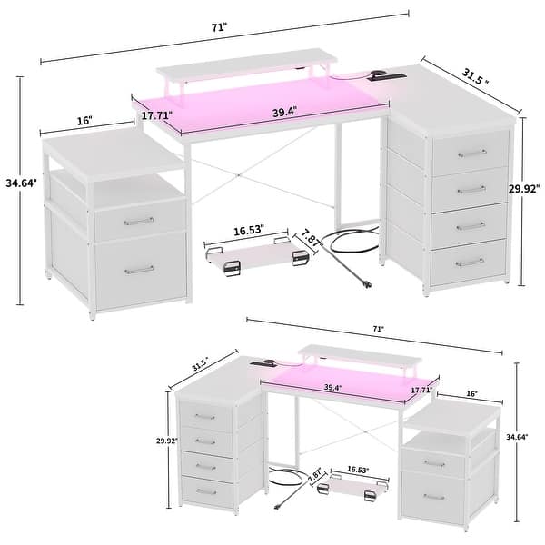 dimension image slide 3 of 4, 71'' L-Shaped Desk with File Drawers, Reversible Computer Desk with Power Outlets and Smart LED Lights