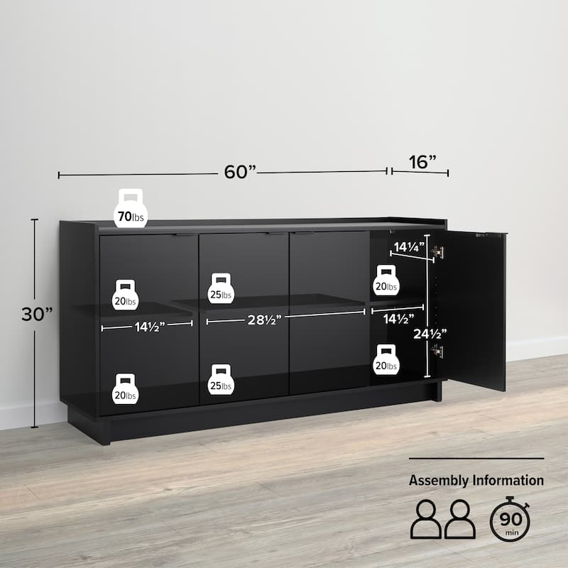 Prepac Simply Modern 4 Door 60" W x 30" H x 16" D Storage Cabinet - 60 in W x 30 in H x 16 in D