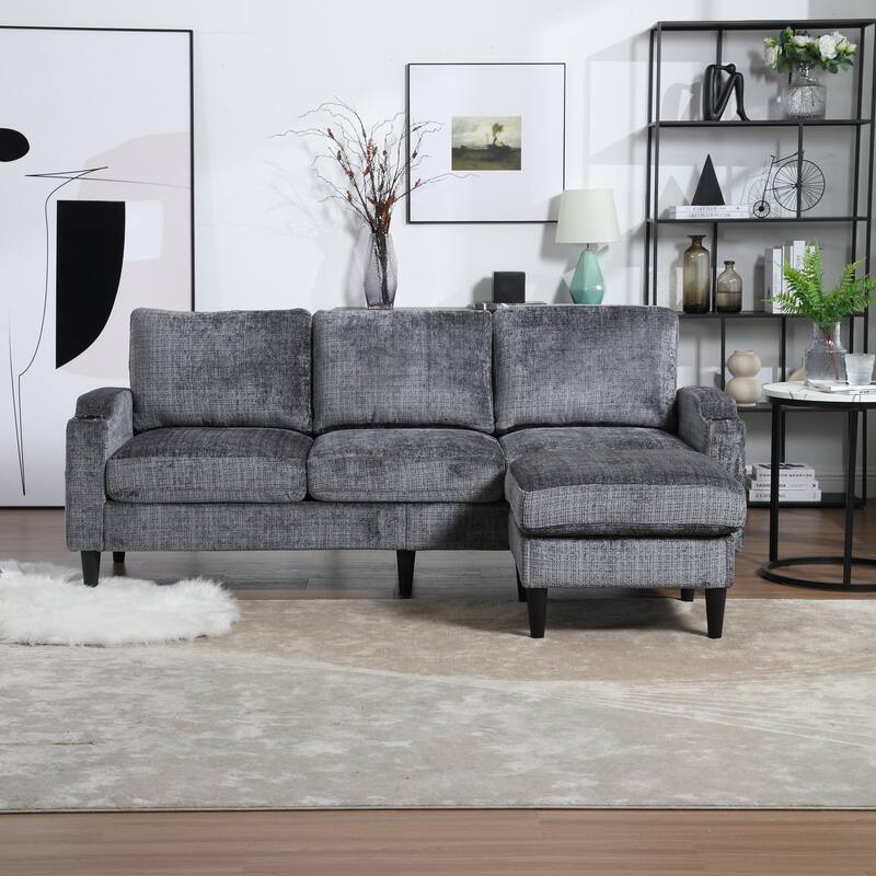 Modular Sectional Sofa with Storage Ottoman, Comfy Chenille Fabric Sofa, 3-Seater Sofa with Side Pockets & 2 Cup Holders