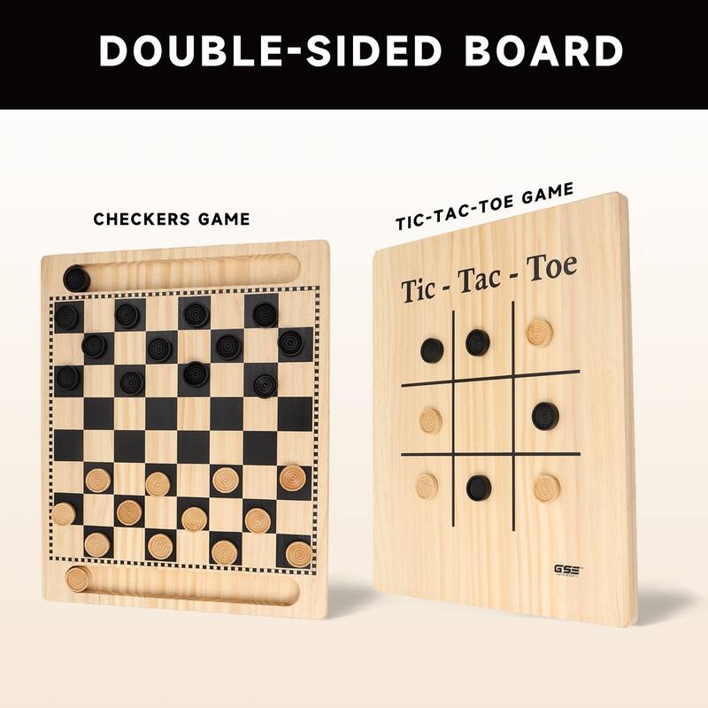 GSE™ 2-in-1 Natural Wood Reversible Checkers & Tic-Tac-Toe Board Game Combo Set with Game Pieces
