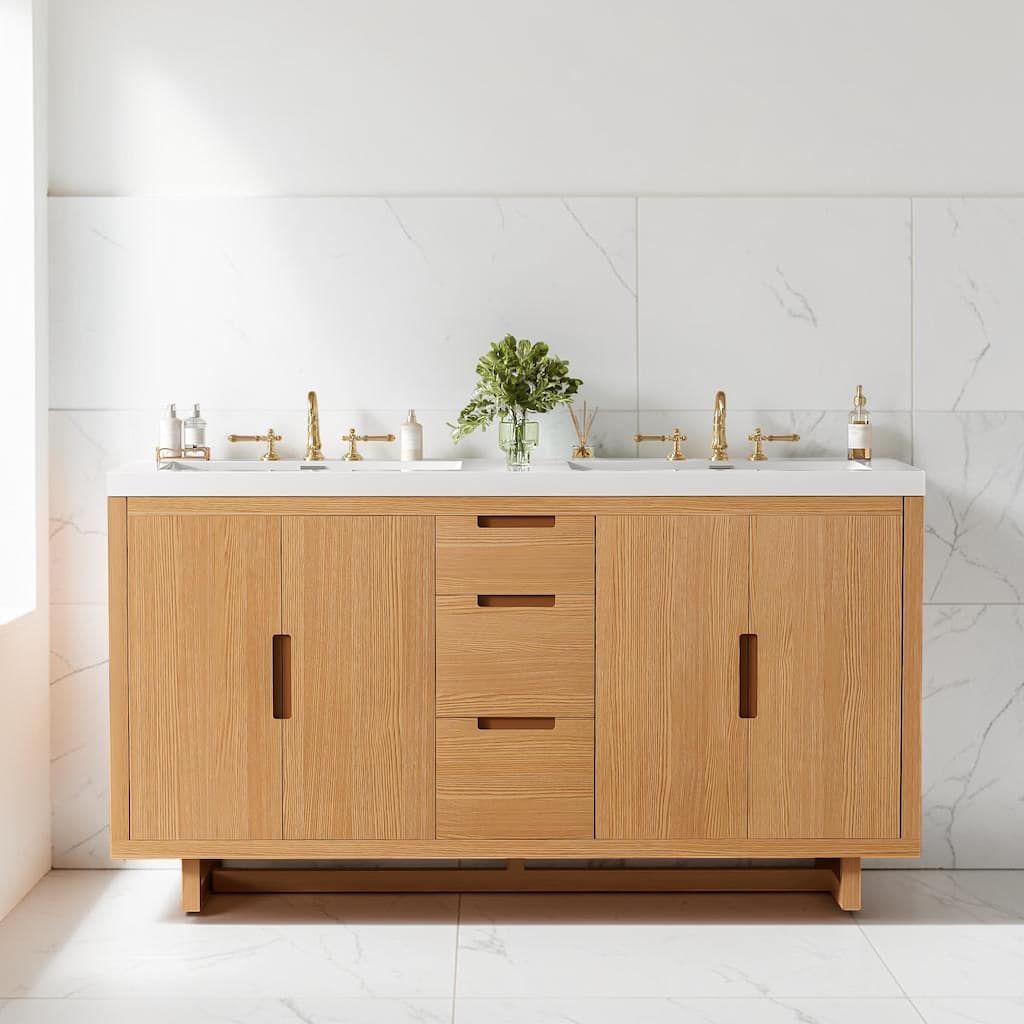 59 Inch Bathroom Vanity with SMC Resin Top, 4 Door 3 Drawer Storage Cabinet with Soft Close Hinges