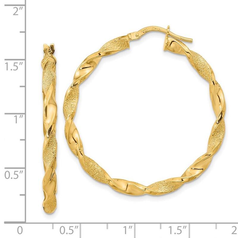 Curata 14k Yellow Gold Polished and Textured 37.75x3mm Twisted Hoop Earrings