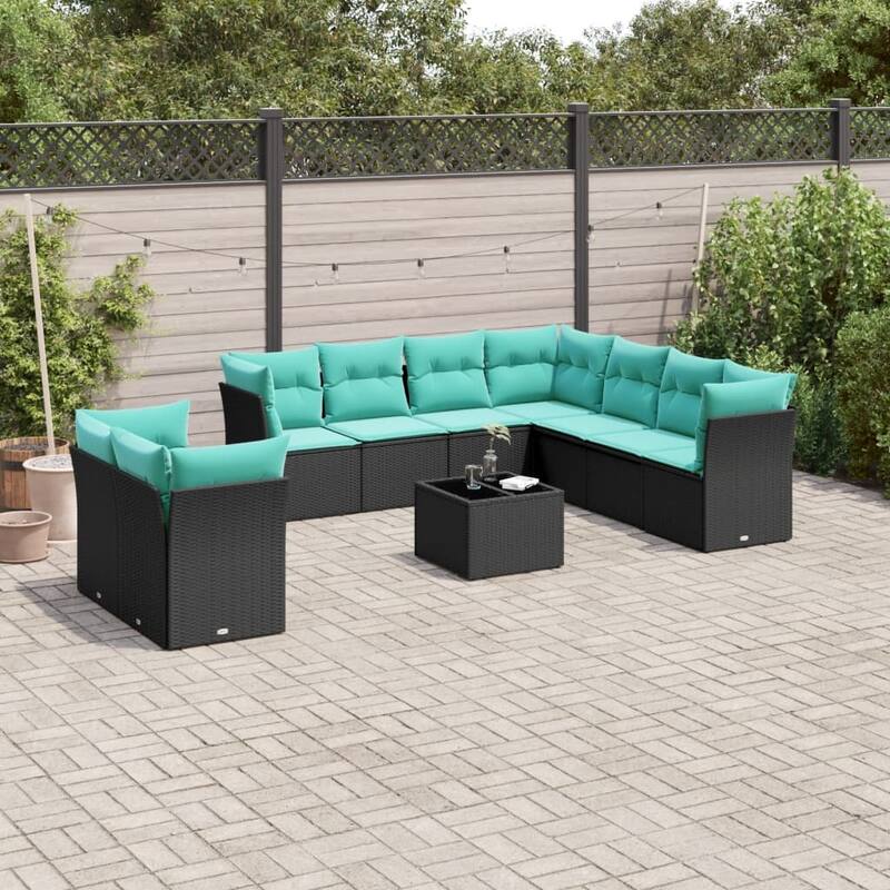 vidaXL 9/10 Piece Patio Sofa Set with Cushions Black/Brown/Gray Poly Rattan - 21.7 x 24.4 x 27.2 - Black and blue With table
