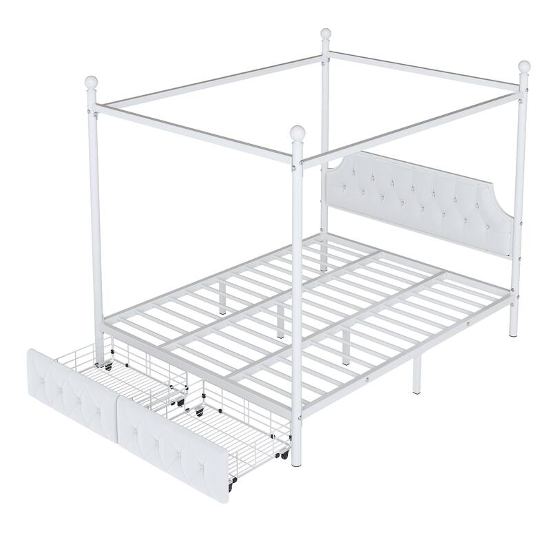 Queen Size Metal Canopy Platform Bed with Upholstered Headboard and Two Drawers