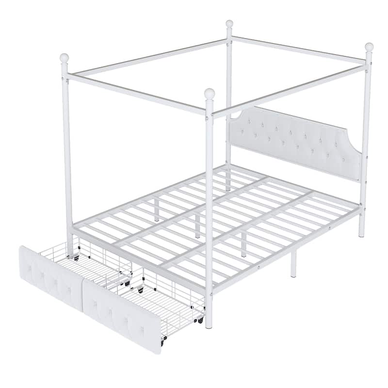 Queen Upholstered Canopy Bed Frame with 2 Drawers and Button Tufted Headboard/Metal Platform Bed Frame/Sturdy Metal Frame/White