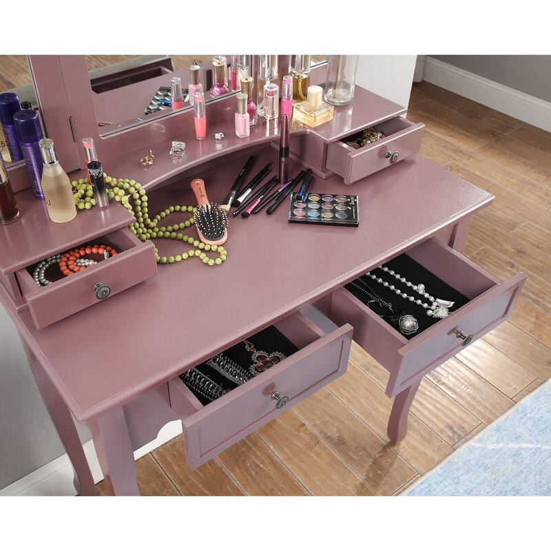 Wooden Vanity Table and Upholstered Stool Set, with 3-Panel Mirror and Ample Storage Drawers