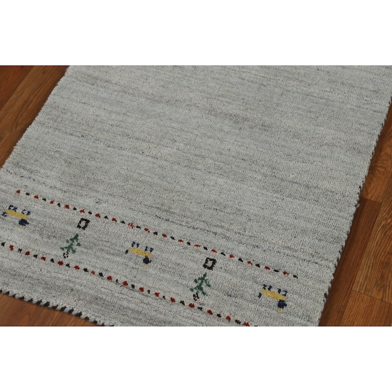 Grey Tribal Gabbeh Indian Runner Rug Hand-Knotted Wool Carpet - 2'4" x 9'8"