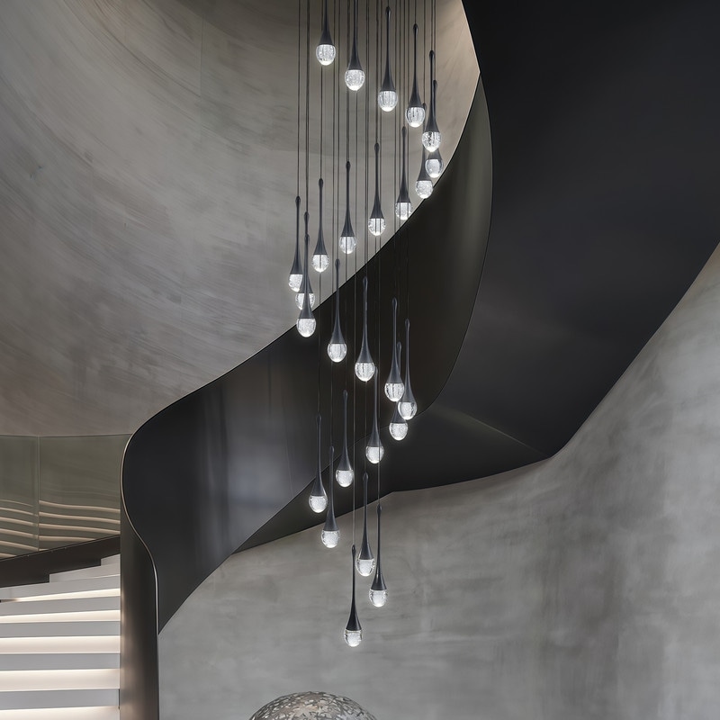 Modern Spiral Raindrop Dimmable LED Bubble Crystal Staircase Chandelier Black Pendant Light for High Ceiling Staircase