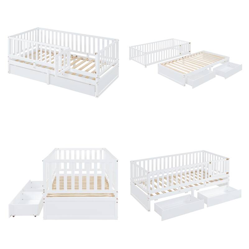 Twin Size Wood Daybed with Fence Guardrails and 2 Drawers