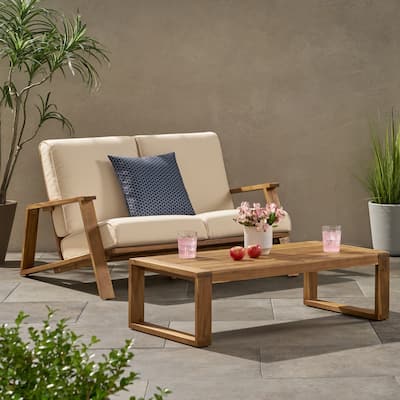 2-Piece Outdoor Acacia Wood Loveseat Sofa Chair Set with Coffee Table