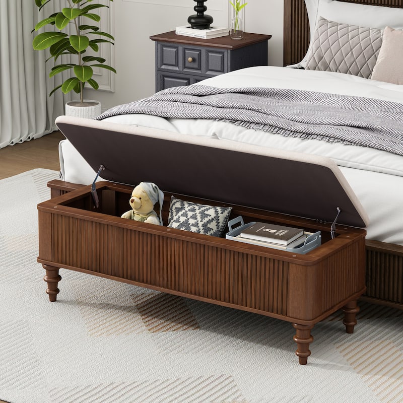 50.8" Multi-Functional Storage Ottoman Bench with Linen Seat, Solid Rubberwood Bed End Bench, Entryway Storage Bench