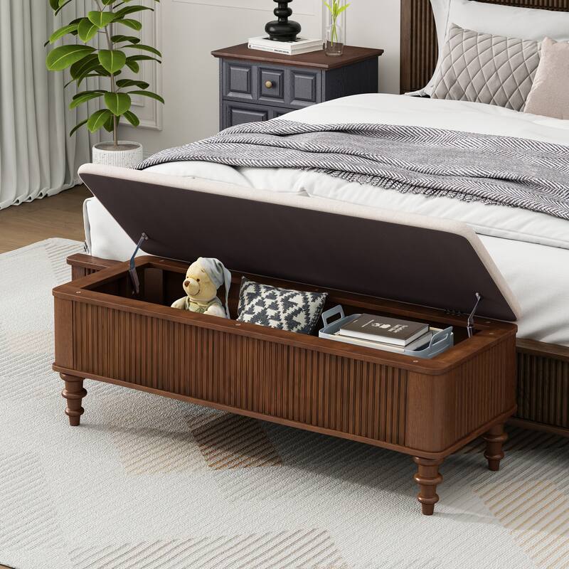 50.8-inch Multi-Functional Storage Ottoman Bench-Solid Rubberwood Bed End Bench with Linen Seat, Storage Bench for Bedroom