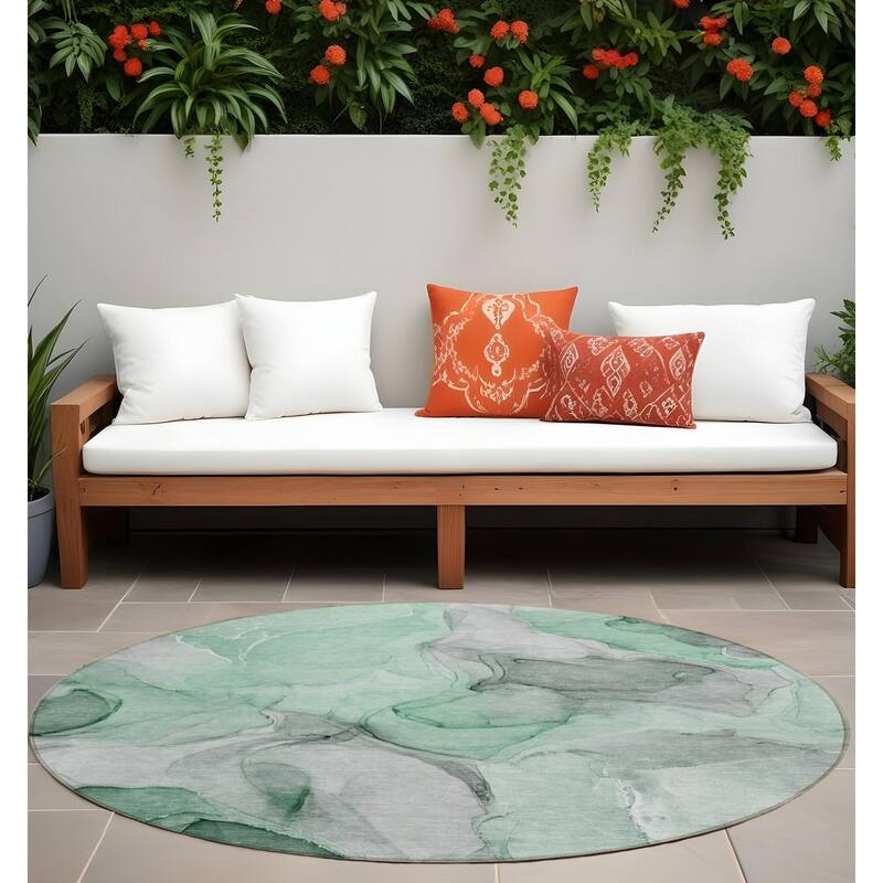 Allus Artistic Abstract Weather Resistant Classic Meets Modern Outdoor Rug - 8' Round - Green