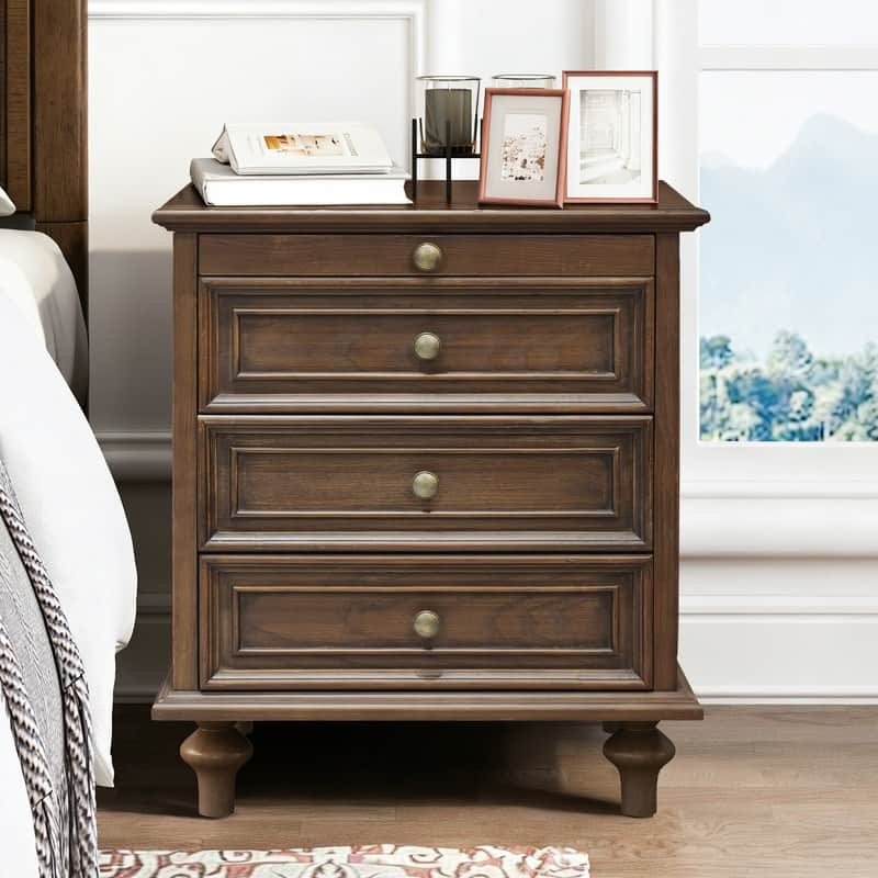 Traditional 3-Drawer Nightstands with Pull-Out Shelf and Solid Wood Legs - 1Piece-Walnut