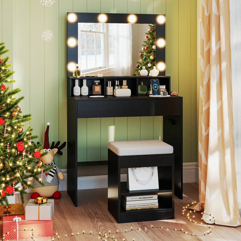 Gymax Vanity Desk Set w/ Mirror & Lights 31.5'' Small Makeup Table for