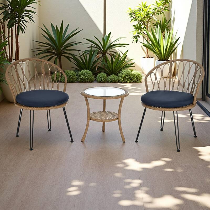 3-Piece Outdoor Patio Rattan Conversation Leisure Chairs Set with 2 Chair and Glass Coffee Table - Dark Blue