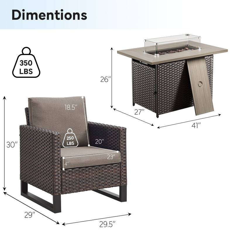 4 Pieces Patio Chair with Fire Table Brwon-Grey - Brown