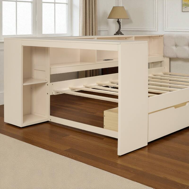 Wood Twin/Full Platform Bed with Upholstered Headboard, Storage Shelves, Drawers and Charging Station, No Box Spring Needed