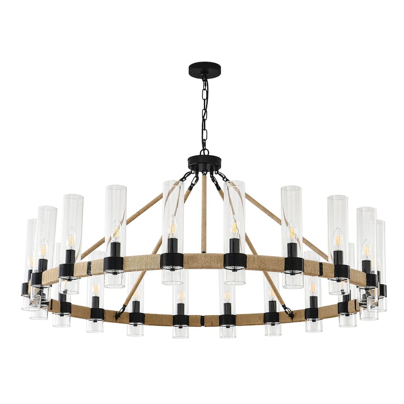 Modern Rustic Wagon Wheel Chandelier with Clear Glass Shades & Hemp Rope Accents