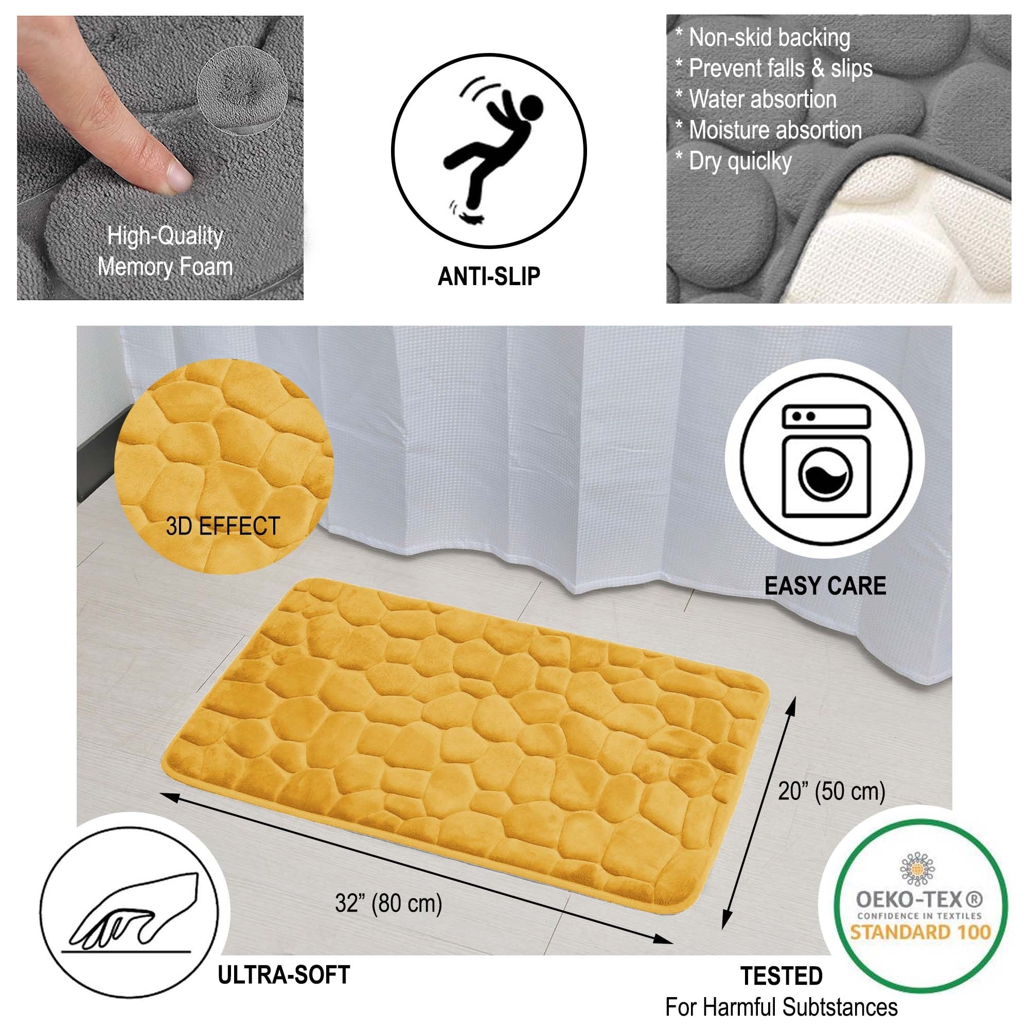 Contour Bath Rug Memory Foam Mat 3D Pebble 20L x 20W - Yellow Mustard