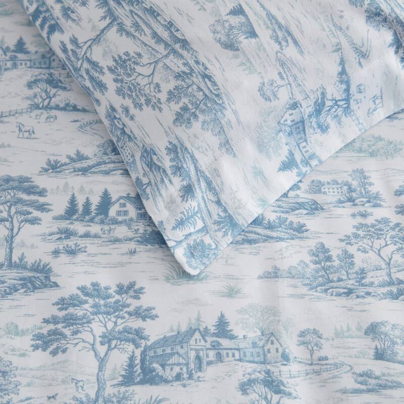 Martha Stewart Farmhouse Toile Cotton Reversible Blue Comforter Set