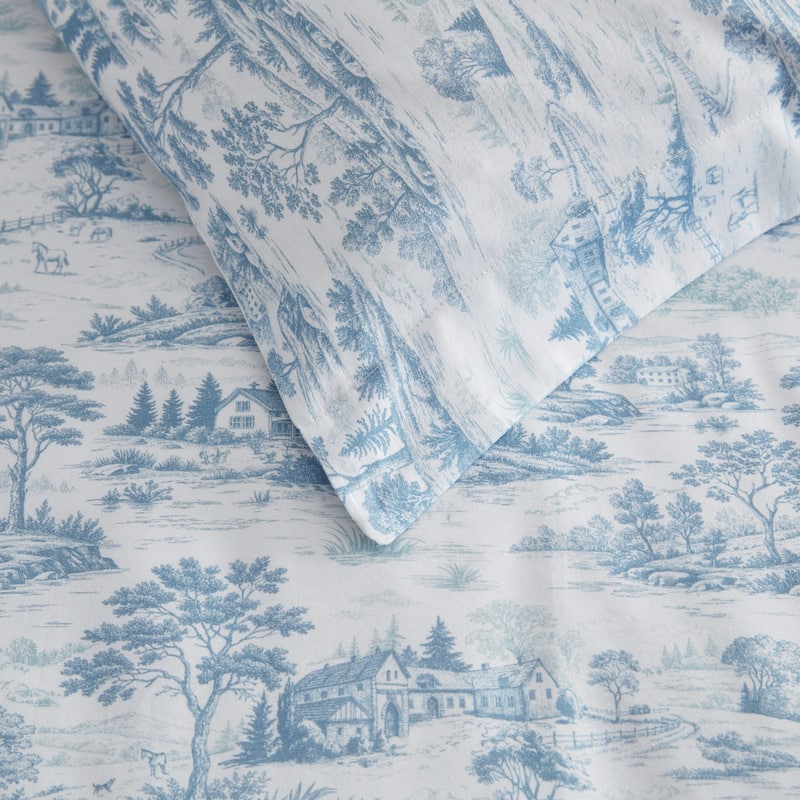 Martha Stewart Farmhouse Toile Cotton Reversible Blue Duvet Cover Set