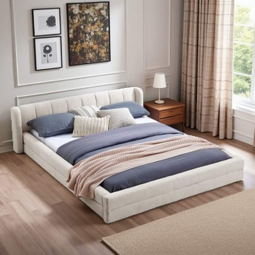 Queen Size Grounded Upholstered Platform Bed with Soft Chenille Fabric, Headboard & Solid Frame