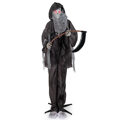 Black Metal Fabric Animated Grim Reaper Halloween Decoration 8.5ft