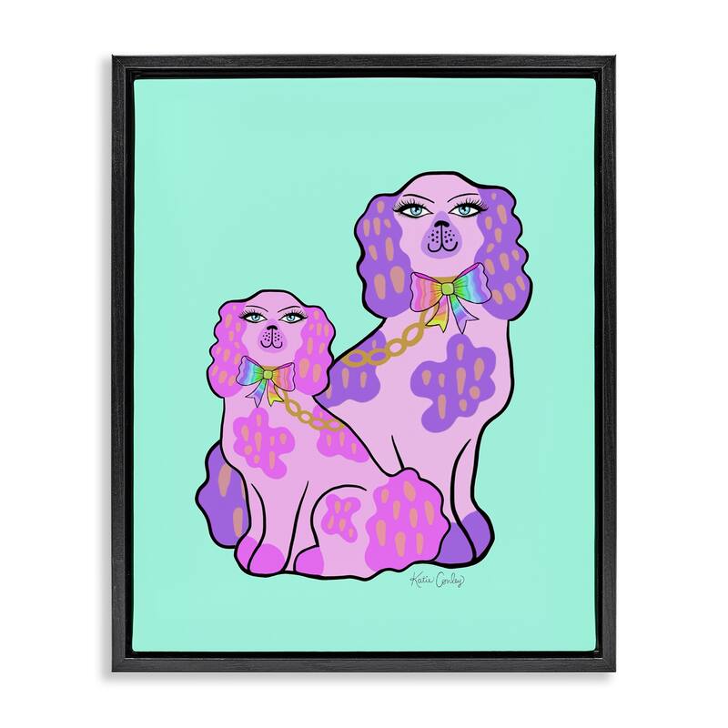 Stupell Funky Glam Dogs on Turquoise Framed Floater Canvas Wall Art Design By Katie Conley - 17 x 21 - Black