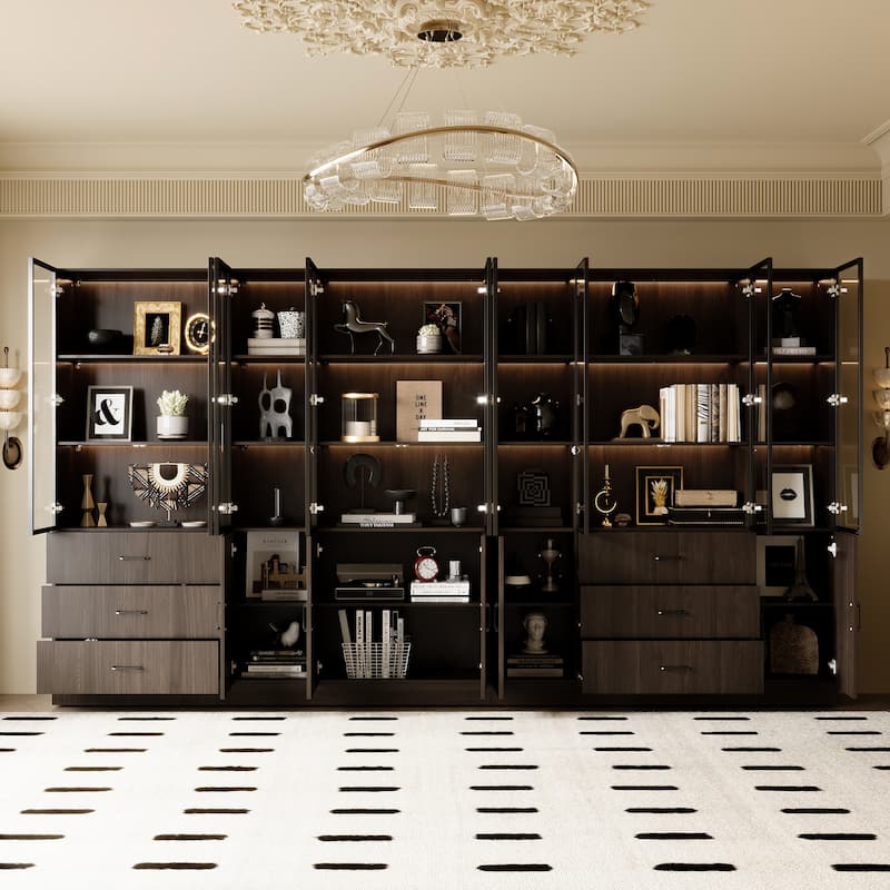 Bookshelves Bookcase Modular Glass Display Cabinet with LED Lights, Dark Wood Storage Combination Cabinet System