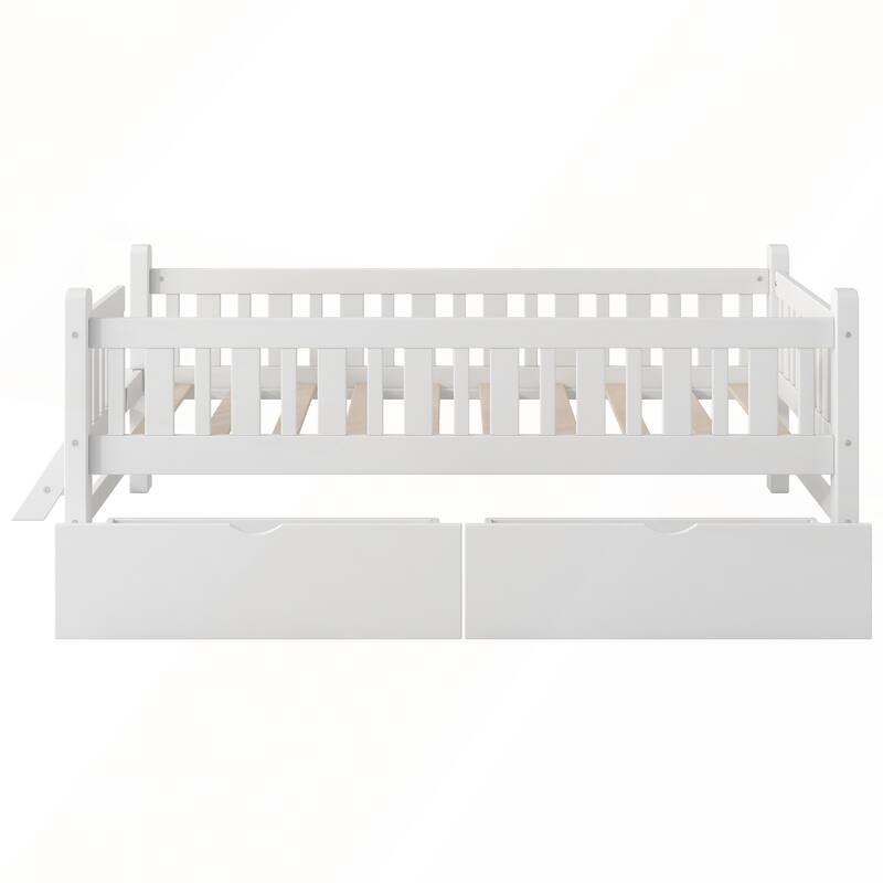 Wood Twin Size Platform Bed with Guardrail and 2 Drawers