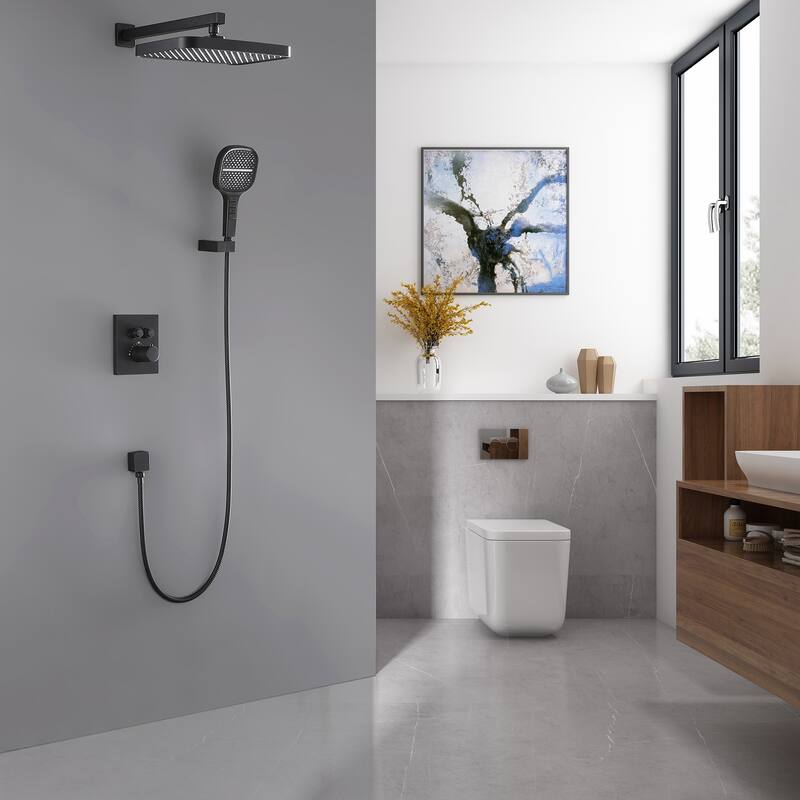 Modland 4-Way Square Thermostatic Rainfall Shower System with Rough-in Valve, Black/Gold