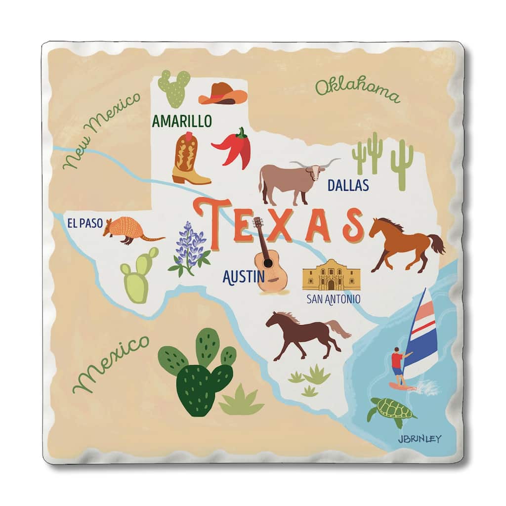 Absorbent Stone Beverage Coasters - Set of 4 - - State Attractions - TX - Multi-51