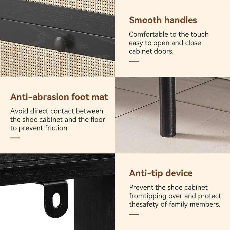 2-Drawer Wooden Shoe Cabinet with Rattan Doors/Narrow Freestanding Storage Organizer for Entryway