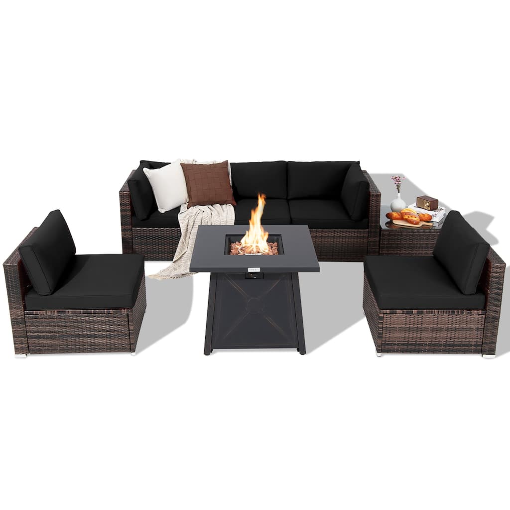 Costway 7PCS Patio Rattan Furniture Set Fire Pit Table Cover Cushion - See Details