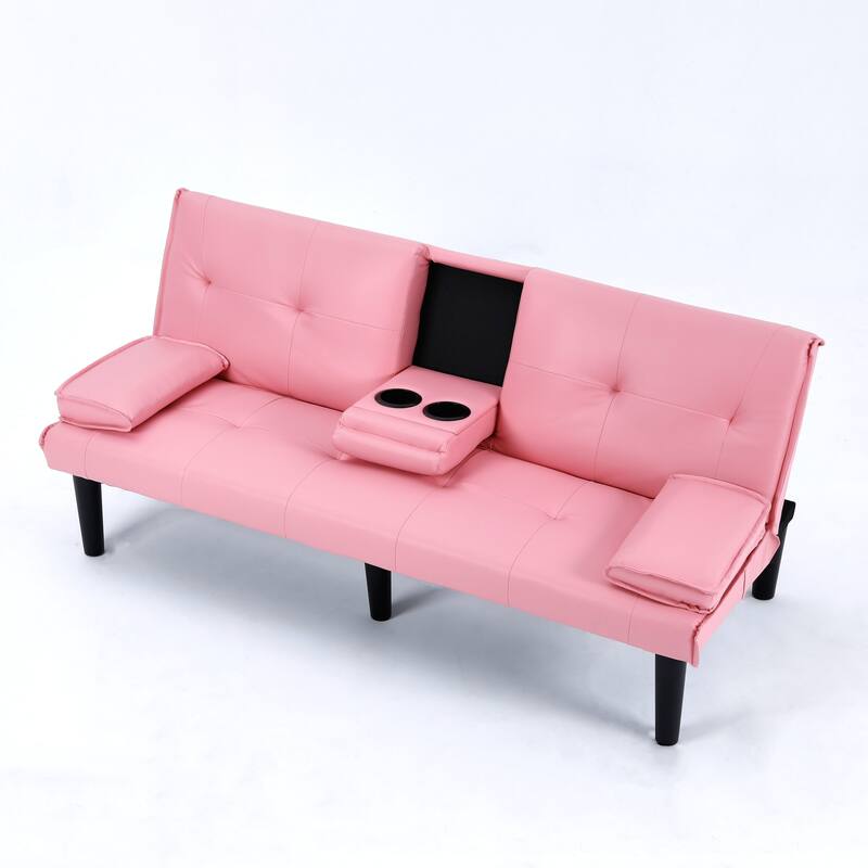 The 67-inch black PVC multi-functional sofa bed with a foldable and cup holder design