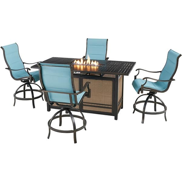 slide 1 of 8, Hanover Traditions 5-Piece High-Dining Set in Blue with 4 Padded Counter-Height Swivel Chairs and a 30,000 BTU Fire Pit Table