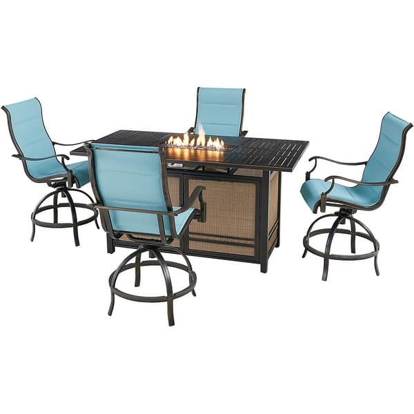 slide 1 of 8, Hanover Traditions 5-Piece High-Dining Set in Blue with 4 Padded Counter-Height Swivel Chairs and a 30,000 BTU Fire Pit Table