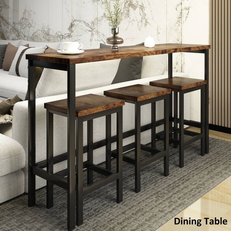 Charming Bar Table and Chair Set, Coffee Table with Steel Frame, Backless Dining Chairs with Footrests - Brown