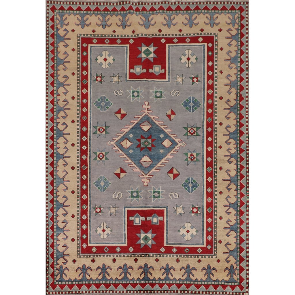 Gray Kazak Oriental Area Rug Dining Room Hand-Knotted Wool Carpet - 6'11" x 9'3"