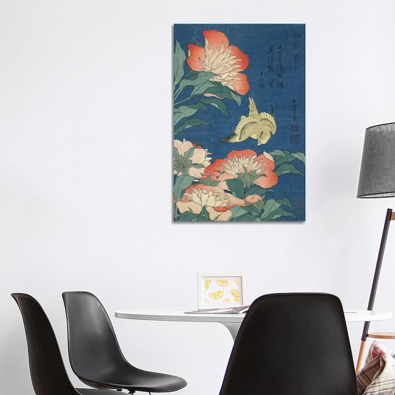 iCanvas "Peonies And Canary, c.1833" by Katsushika Hokusai Canvas Print - 40x26x1.5
