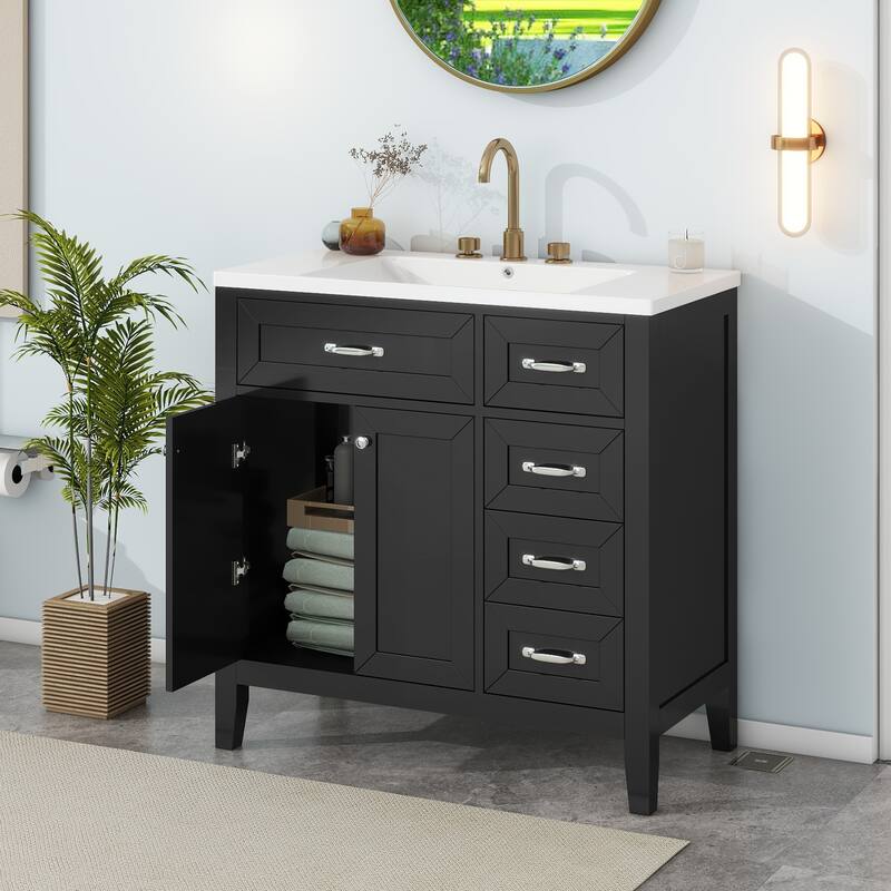 36" Bathroom Vanity with Sink Combo, Black Bathroom Cabinet with Drawers, Solid Frame and MDF Board