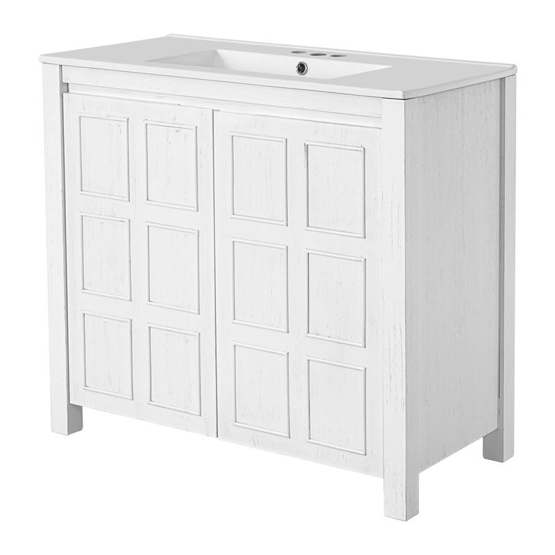 36" Rustic Bathroom Vanity Cabinet with Ceramic Sink -Solid Wood Freestanding Organizer with Soft Close Doors.