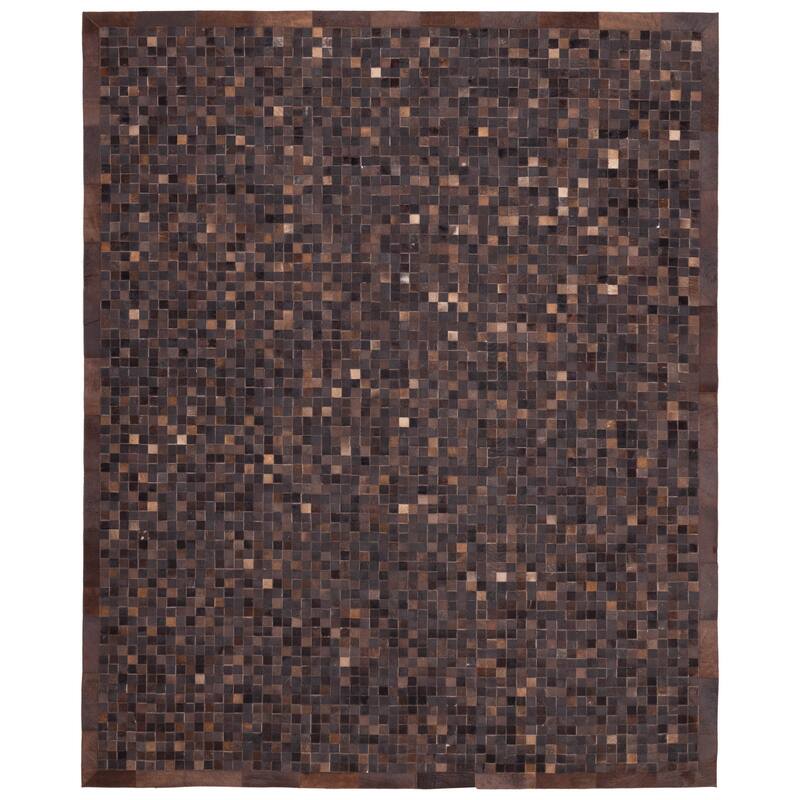 ECARPETGALLERY Handmade Cowhide Patchwork Dark Brown Leather Rug - 8'1 x 10'0