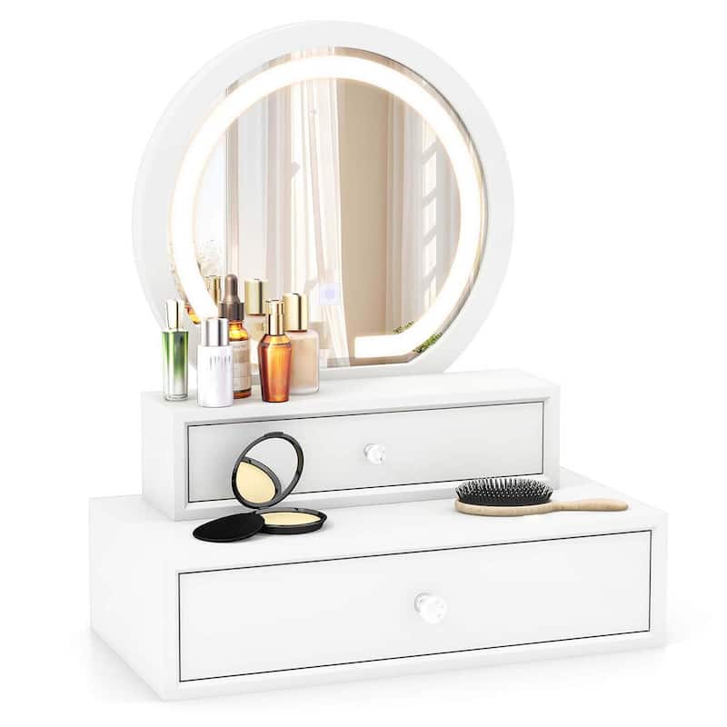 White Tabletop Lighted Mirror w/ Drawers Desktop Makeup Mirror - White