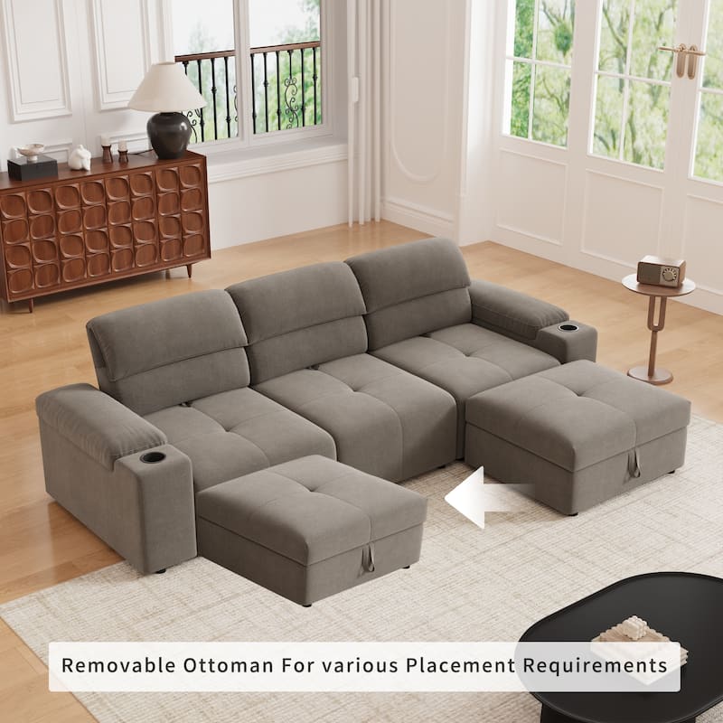Down Filling Modular Deep Seat Couch L-shaped Sectional Sofa with Adjustable Backrest, Cup Holders, Storage Armrests and Ottoman