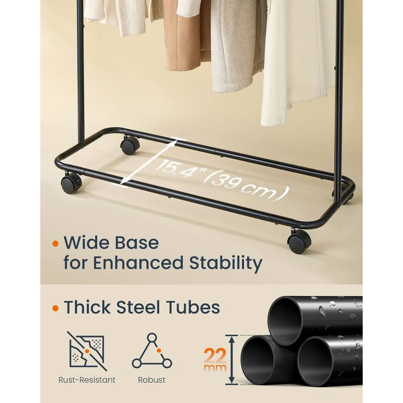 Black Clothes Rack with 2 Rails Storage Shelf Side Organizer and Wheels for Bedroom or Closet - 19.7"D x 40.6"W x 74.6"H